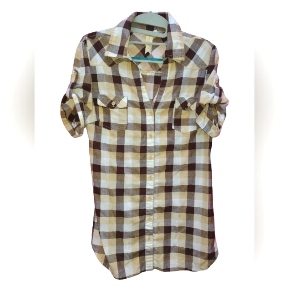 MISS ASHLEY Small Plaid Button Down Rolled Tab Sleeve Cotton Auction